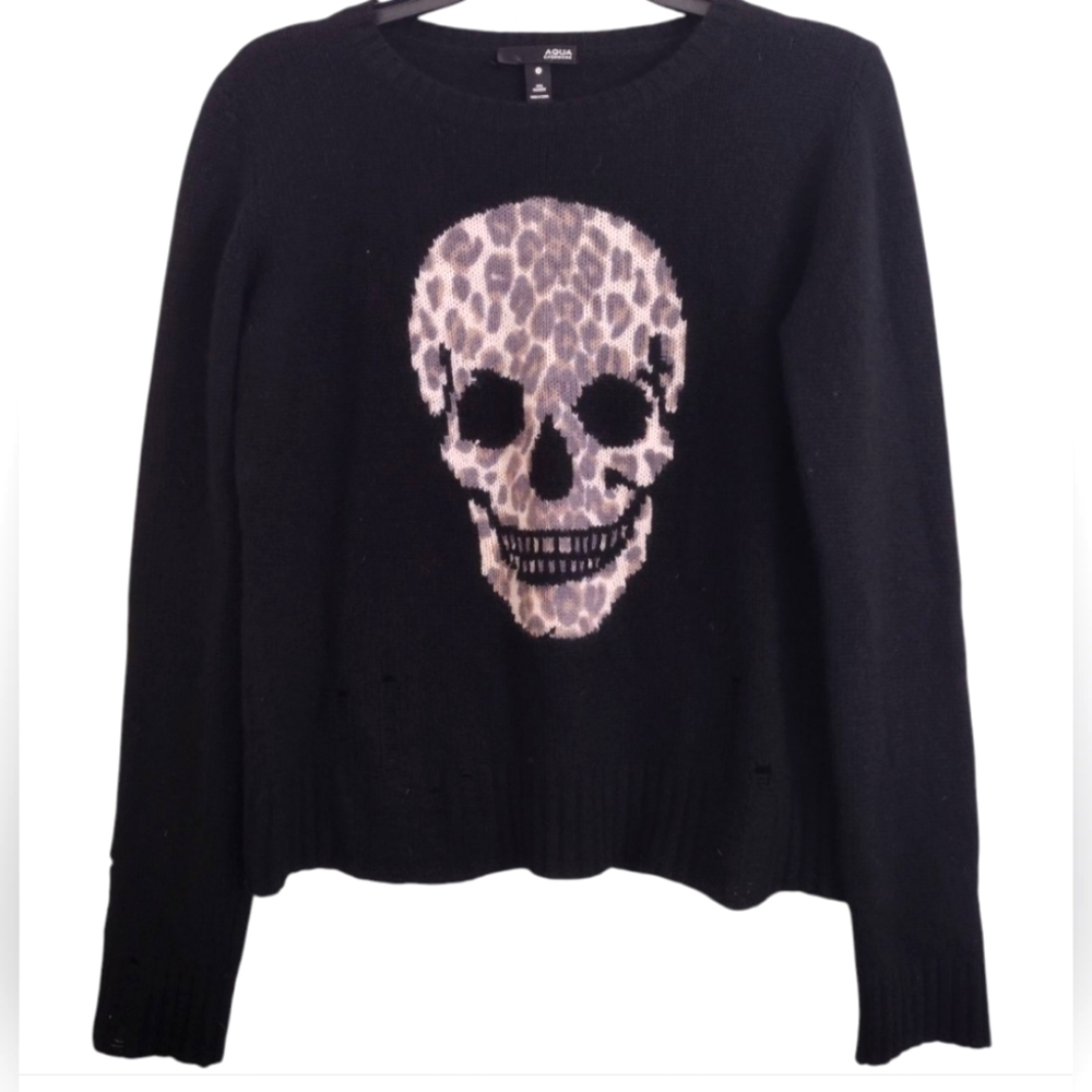 Aqua 100% Cashmere Distressed Black Sweater With Leopard Print Skull Size Small